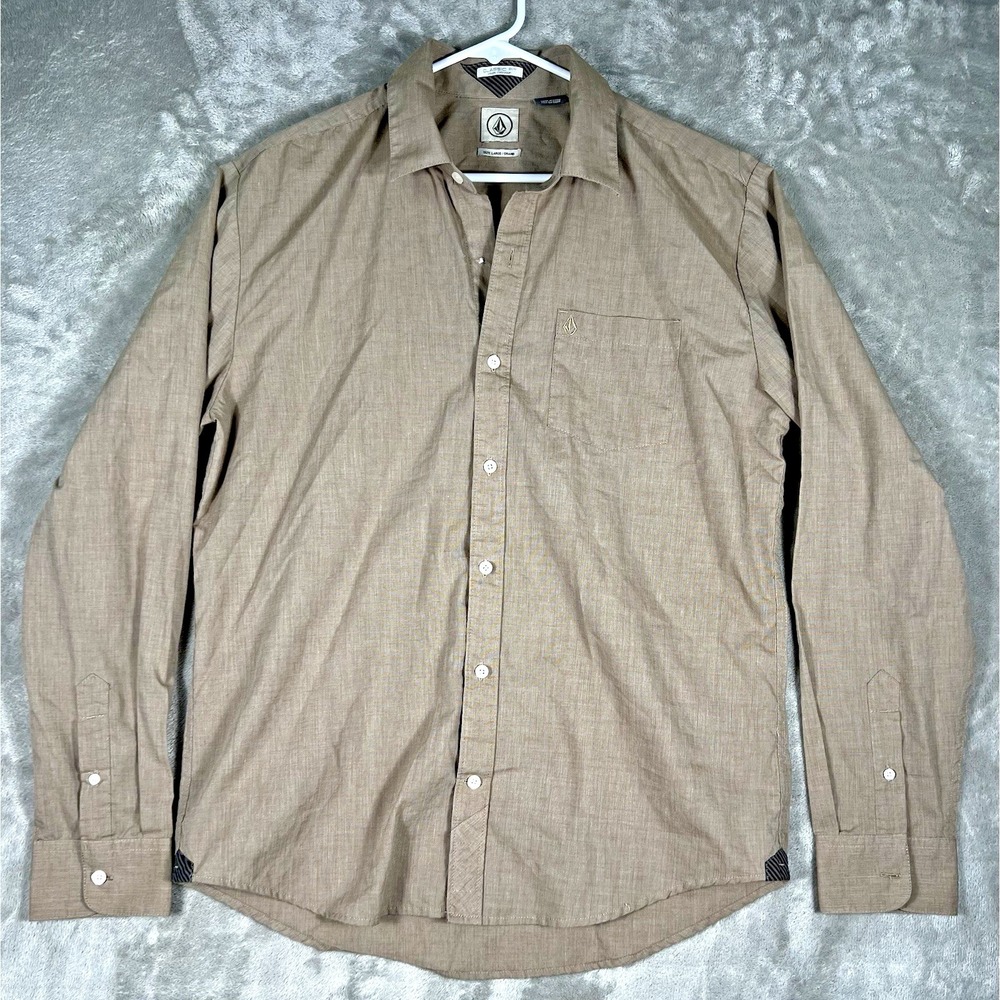 Volcom shirt Men's L button up Classic Fit Brown Long Sleeve *Picture*